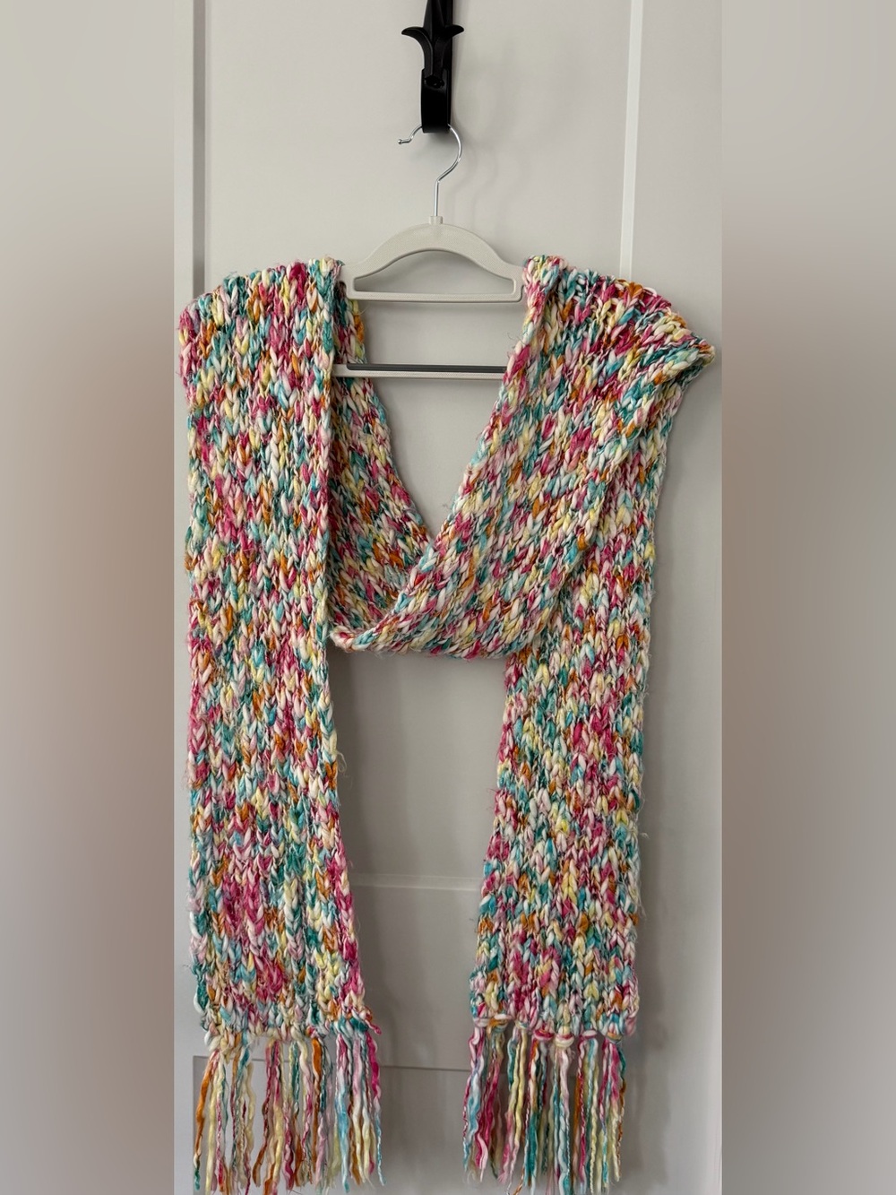 New York & Company Multicolor and Silver Metallic Scarf/Wrap with Fringe Ends